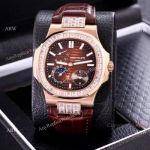 AAA Copy Patek Philippe Nautilus Power Reserve Watch - Rose Gold Diamond Bezel